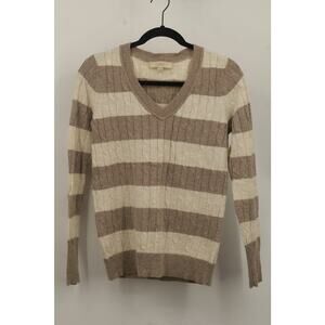 Ann Taylor Loft Women's Stripe V-Neck Knit Sweater Long Sleeve Size S Tan/Brown